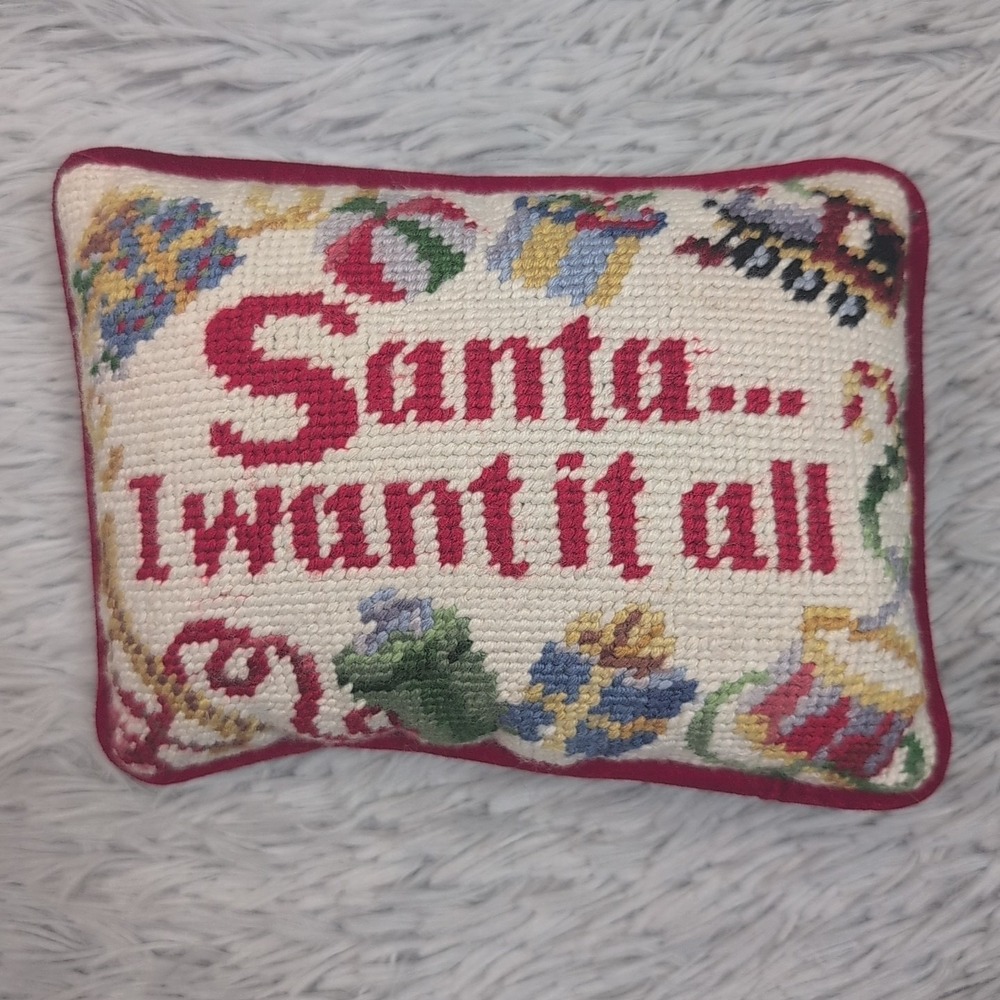 Needlepoint Pillow Santa … I Want It All Christmas Red Velvet Back Holidays